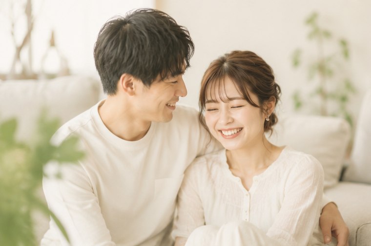 ソファで寄り添って笑い合うご成婚されたおふたり